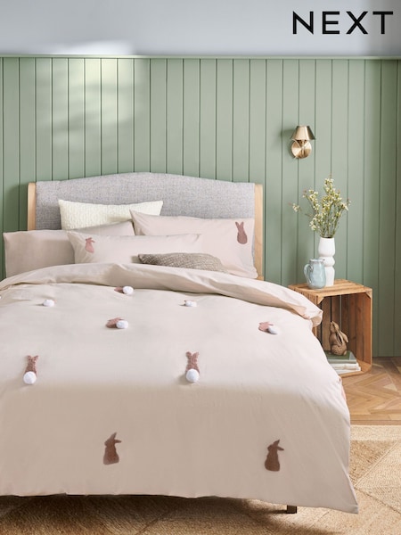 Natural Bunny 100% Cotton Tufted Pom Duvet Cover and Pillowcase Set (AT3937) | €47 - €87