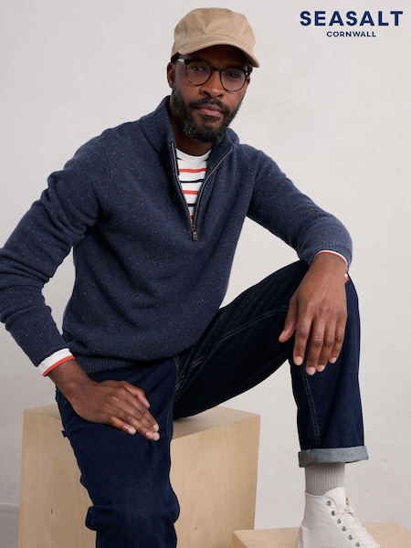 Seasalt Cornwall Blue Mens Reefpoint Quarter Zip Jumper (AT4210) | €150
