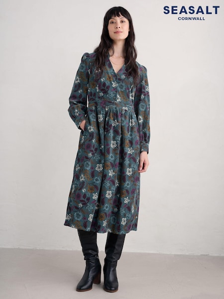 Seasalt Cornwall Blue Cottage Printed Cord Midi 100% Organic Cotton Dress (AT4293) | €94