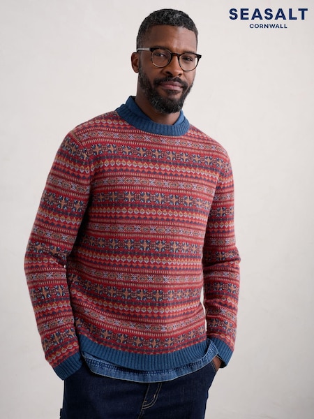 Seasalt Cornwall Red Mens Halyard Fairisle Pattern Jumper (AT4345) | AED291