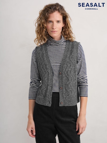 Seasalt Cornwall Grey Pendouer V-Neck Button Up Knitted Vest (AT4349) | € 63