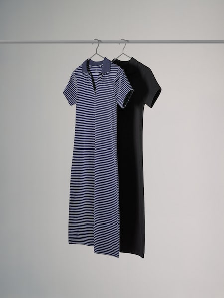 The Set Navy/Neutral Navy Stripe 2 Pack Ribbed Polo Neck Short Sleeved Midi Dress (AT4461) | €33