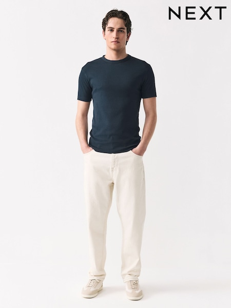 Azul marino - Ribbed Short Sleeve Crew T-Shirt (AT4467) | 16 €