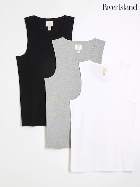 River Island Grey Marl Mixed Muscle fit Ribbed Vests 3 Pack (AT4571) | $51
