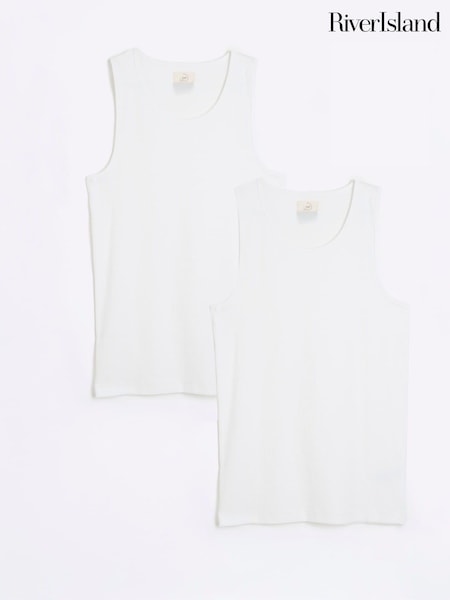 לבן - River Island Muscle Fit Ribbed Vests 2 Pack (AT4590) | ‏101‏₪