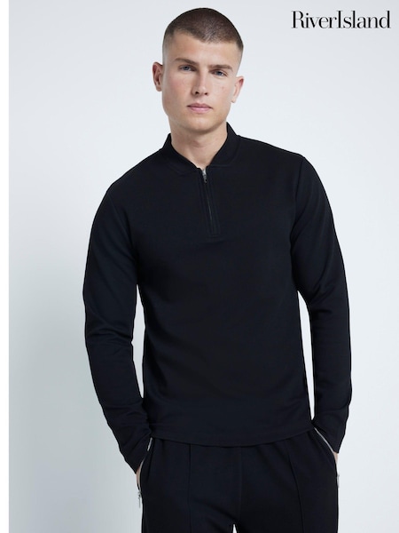 River Island Black Slim Fit Square Neck Pique 100% Cotton Polo Shirt (AT4592) | 123 SAR
