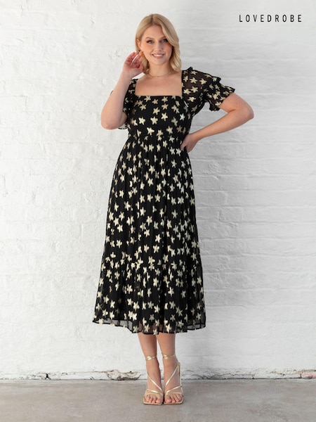 Lovedrobe Star Detail Puff Sleeve Midi Black Dress (AT4633) | 185 QAR