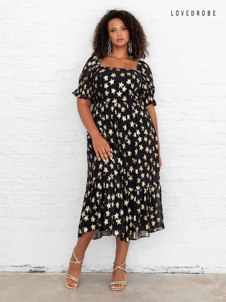 Lovedrobe Star Detail Puff Sleeve Midi Black Dress (AT4637) | 185 QAR