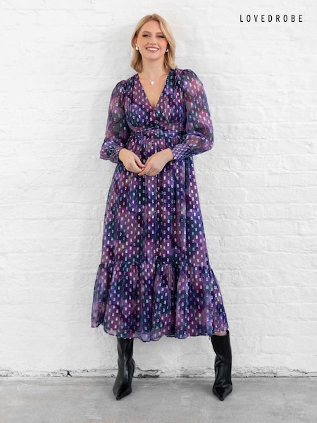Lovedrobe Purple Button Front Midaxi Dress With Metallic Dobby (AT4641) | €38