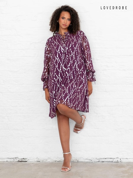 Lovedrobe Purple Metallic Dobby Frill Neck Swing Dress (AT4642) | 121 QAR
