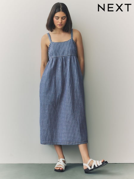 Albastru pepit - Rochie midi din denim cu bretele 100% bumbac (AT4654) | 307 LEI