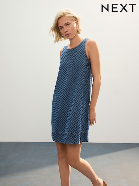 Dark Blue Gingham 100% Cotton Denim Racer Mini Dress (AT4657) | € 48