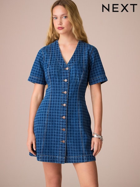 Albastru pepit - Rochie din denim cu decolteu în V 100% bumbac (AT4659) | 243 LEI