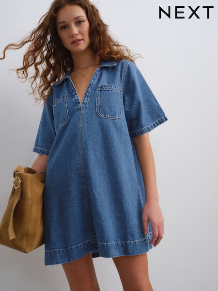 Mid Blue 100% Cotton Front Pocket Denim Mini Dress (AT4660) | €38