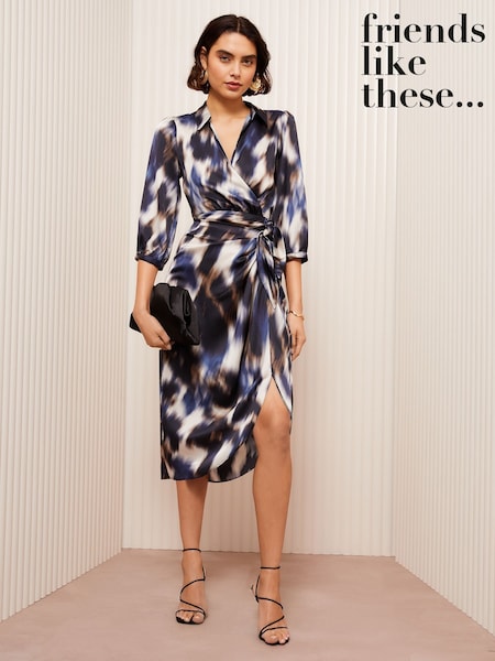 Friends Like These Blue Leopard Print Printed Satin Wrap Midi Dress (AT4954) | 223 QAR