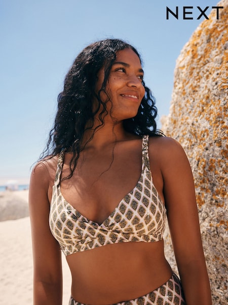 Khaki Green/Cream Foil Woodblock - Macrame Triangle Bikini Top (AT4973) | ‏83‏₪