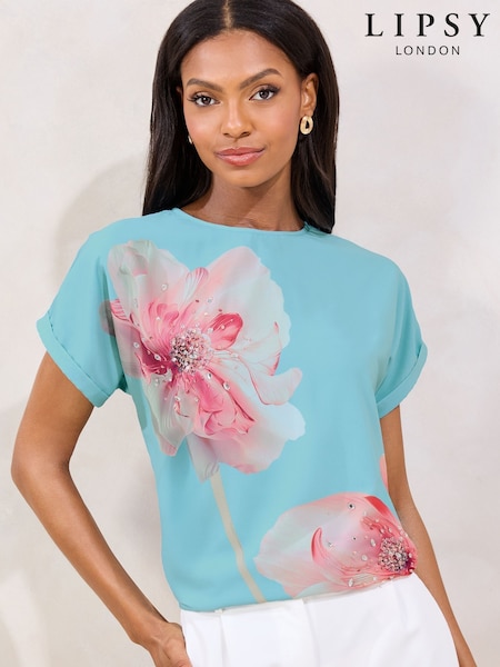 Sininen - Lipsy Paljetti Detail Printed T-paita (AT5009) | €66