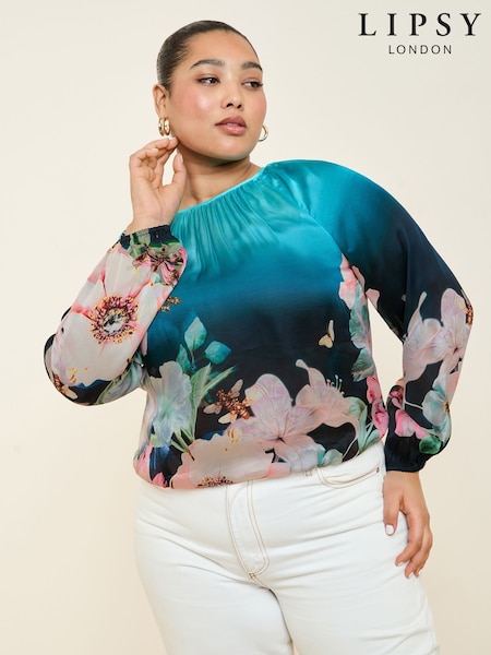 Lipsy Blue Curve Floral Printed Ballon Sleeve Blouse (AT5023) | ₪221