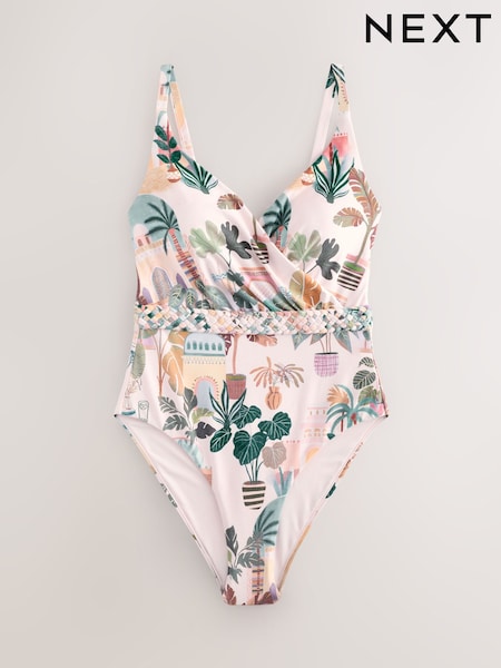 Estampado de paisaje en rosa - Plaited Belt Tummy Control Plunge Wrap Swimsuit (AT5064) | 50 €