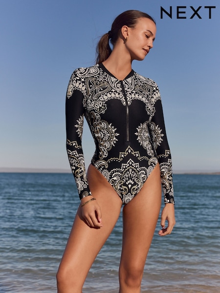 הדפס בנדנה פייזלי שחור - Long Sleeved Rash Swimsuit (AT5073) | ‏200‏₪
