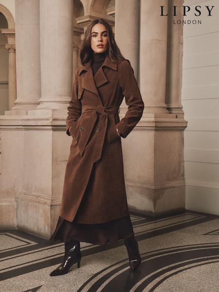 Lipsy Chocolate Brown Faux Suede Relaxed Longline Trench Coat (AT5085) | € 105