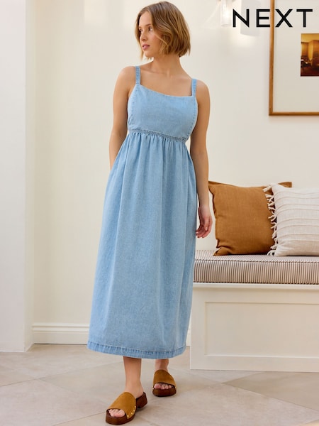 Albastru deschis - Rochie midi cu bretele Denim 100% bumbac (AT5097) | 307 LEI