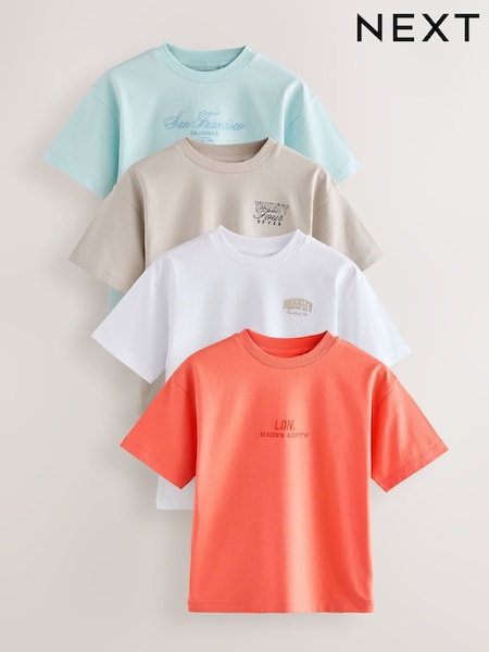 White/Blue/Coral/Cement Relaxed Fit 100% Cotton Short Sleeve Embroidered T-Shirts 4 Pack (3-16yrs) (AT5360) | $34 - $44