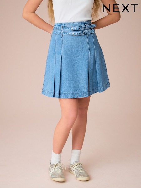 ג'ינס בצבע כחול בינוני - 100% Cotton Denim Belted Kilt Skirt (AT5412) | ‏107‏₪