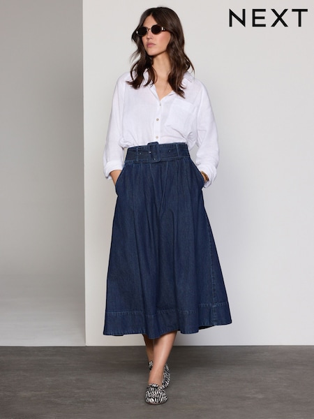 כחול כהה - 100% Cotton Belted Midi Denim Pleated Skirt (AT5414) | ‏150‏₪