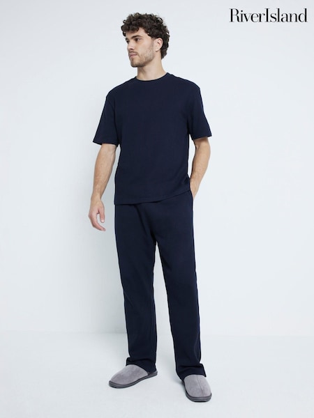 River Island Navy 100% Cotton Waffle T-Shirt And Trousers Pyjamas Set (AT5430) | €40