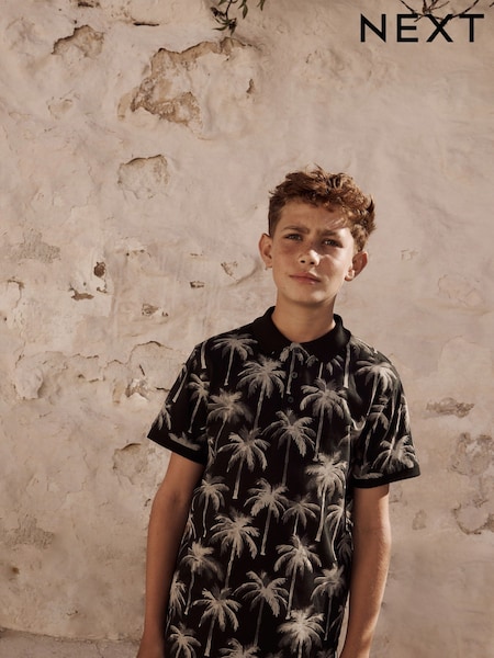 Palmeira preta - All-Over Print Short Sleeve 100% Cotton Polo Shirt (3-16yrs) (AT5482) | R$ 100 - R$ 145