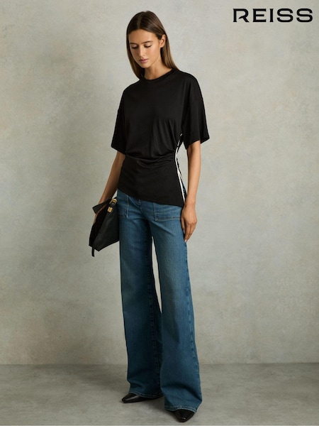 Cream/Musta - Reiss Audrey Draped Crew-Neck T-Shirt With Cotton (AT5496) | €139