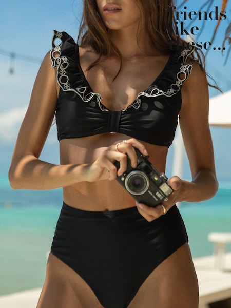 Friends Like These Black Non Padded Plunge Ruffle Broderie Bikini Top (AT5501) | €34
