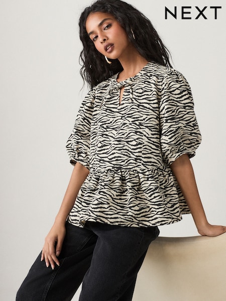 Zebra Printed Tie Front Denim Blouse (AT5528) | €37
