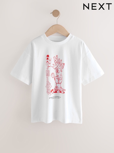 White Nyc Cartoon Relaxed Fit Short Sleeve Graphic Print T-Shirt (3-16yrs) (AT5582) | R$ 60 - R$ 90