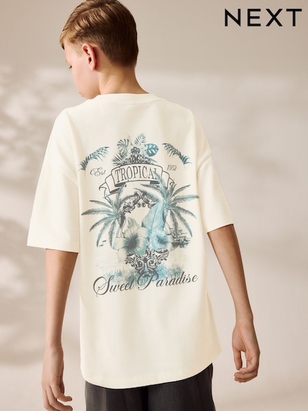 Ecru Cream Palm Back Print Relaxed Fit Short Sleeve Graphic Print T-Shirt (3-16yrs) (AT5591) | €10 - €14