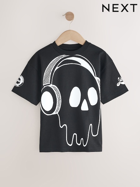 Svart/Hvit Hodeskalle - Relaxed Fit Kortermet Graphic Print T-skjorte (3-16yrs) (AT5599) | kr117 - kr167