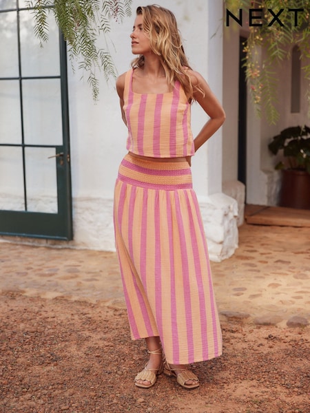 Coral Pink/Orange Stripe Soft 100% Cotton Elasticated Waist Maxi Skirt (AT5627) | 1,413 UAH