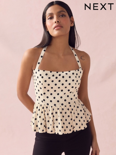 Cream/Schwarz Spot - Peplum Halter Neck Top With Linen (AT5635) | 51 €