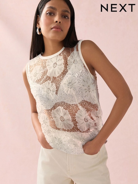 White/Silver Beaded Floral Print Sequin Shell Top (AT5639) | €84