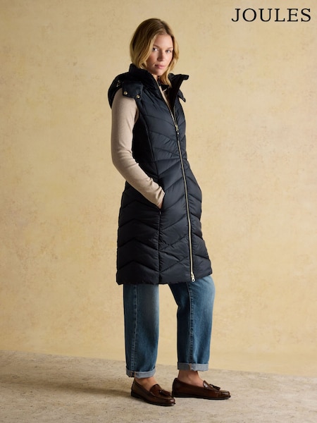 Marinha - Joules Pembury Gilet Longline Showerproof Padded Gilet (AT5651) | R$ 980