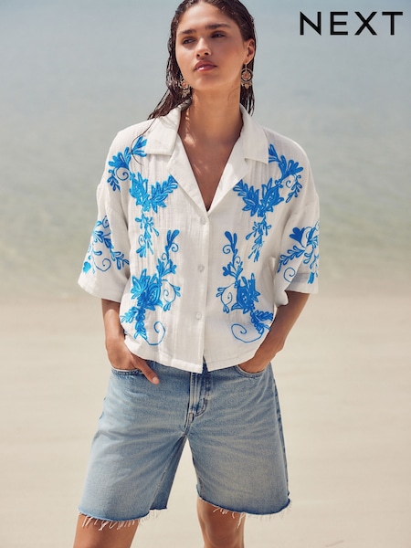 White/Blue Doublecloth Relaxed Short Sleeve Shirt With Embroidery (AT5667) | $71