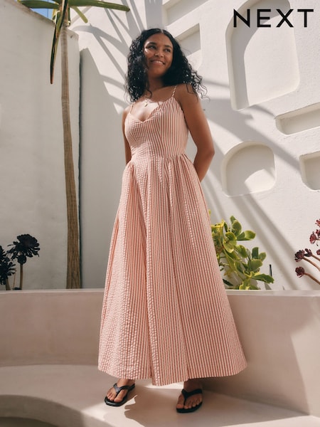 Rust Brown 100% Cotton Textured Seersucker Midi Dress (AT5686) | kr752