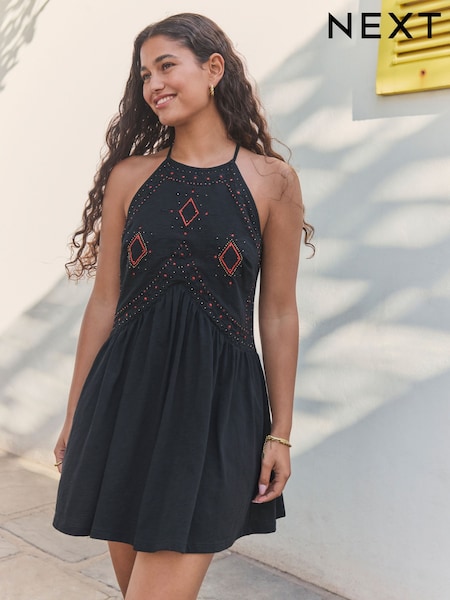 Black Jersey Embroidered 100% Cotton Mini Dress (AT5695) | €47