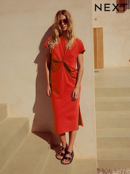Red 100% Cotton Twist Short Sleeved T-Shirt Summer Dress (AT5696) | €34.50