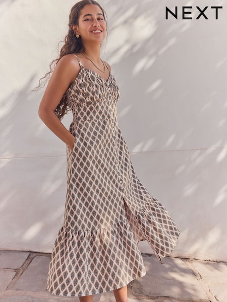 Khaki Green Button Down Midi Dress With Linen (AT5702) | 1,590 UAH