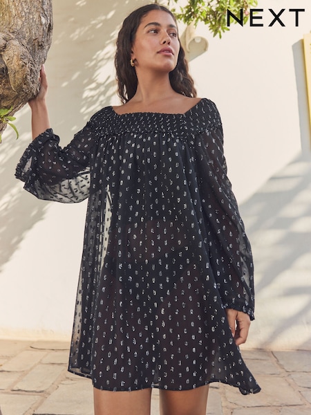 Черный - Long Sleeve Sheer Sparkle Cover-Up (AT5709) | €42