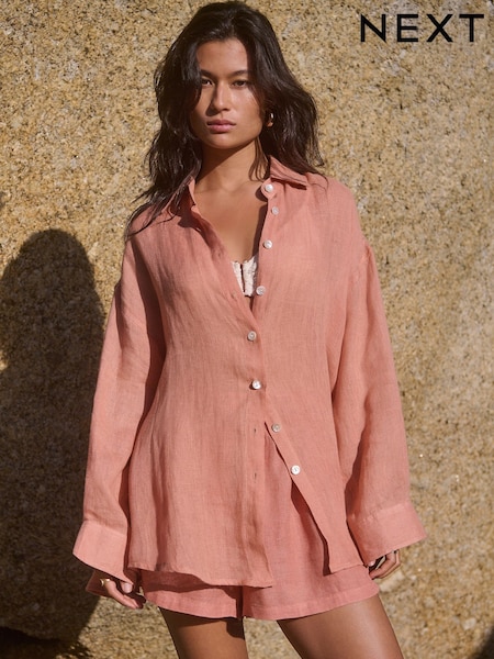 Peach Pink 100% Linen Beach Shirt (AT5714) | 1,484 UAH