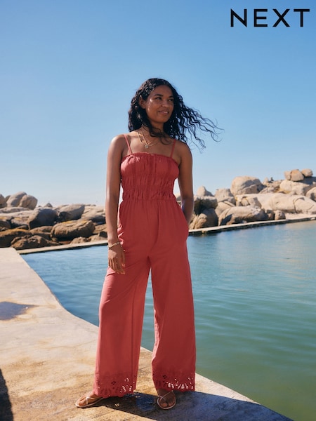 Marrón óxido - Shirred Wide Leg 100% Cotton Jumpsuit (AT5728) | 65 €
