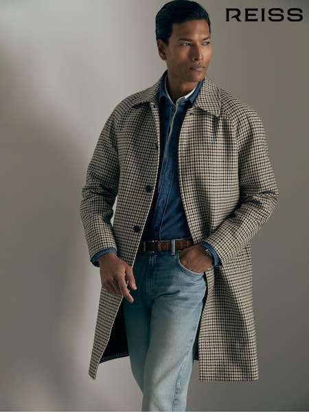 Reiss Brown Enigma Atelier Wool Houndstooth-Check Raglan Overcoat (AT5926) | €999